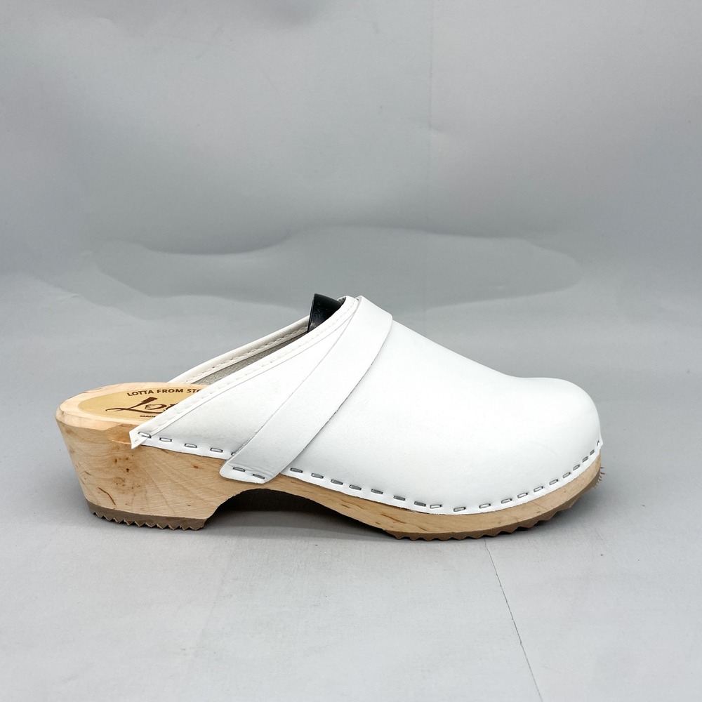 Lotta From Stockholm Womens 38 7.5 White Leather Classic Swedish Clogs Wood Heel